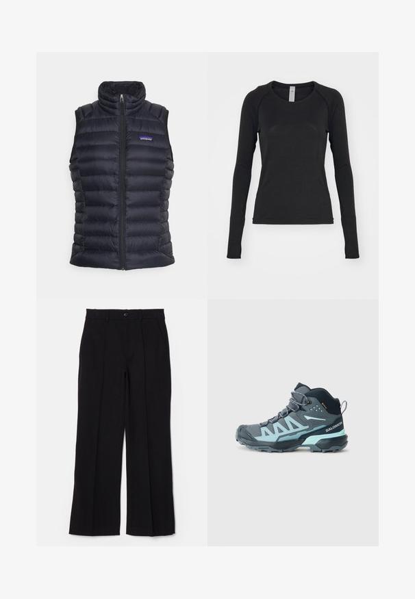 Črn izoliran pufferski jopič z visokim ovratnikom, prešito zasnovo, sprednjim zadrgo in stranskimi žepi. Ima majhen logotip na prsih.; Majica s dolgimi rokavi v črni barvi, izdelana iz mehkega blaga. Ima okroglo ovratnik in raglan rokave z odprtinami za prste na zapestjih. Minimalističen dizajn.; Črne hlače z ravnim sprednjim delom, ravnih nogah in žepi. Narejene iz mehkega materiala, z enim gumbom za zapiranje in zanko za pas.; Planinski čevlji srednje višine v temno sivi barvi z svetlo modrimi poudarki. Imajo teksturirano zgornji del, ojačan prst in robusten podplat za oprijem.