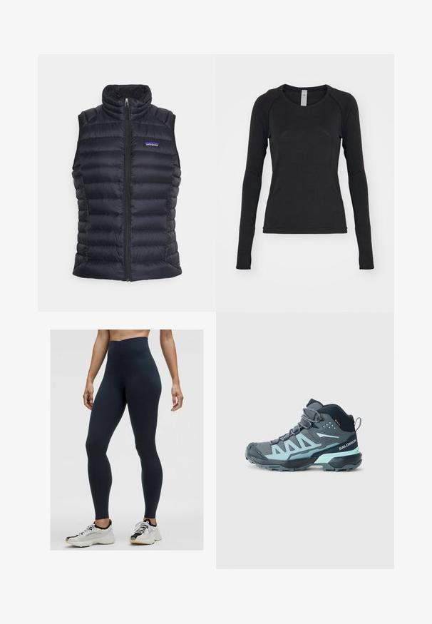 Czarna ocieplana kamizelka puchowa z wysokim kołnierzem, pikowanym wzorem, zamek błyskawiczny z przodu i bocznymi kieszeniami. Posiada małe logo na klatce piersiowej.; Czarna koszula z długim rękawem, wykonana z miękkiego materiału. Posiada okrągły dekolt oraz rękawy raglanowe z otworami na kciuki przy mankietach. Minimalistyczny design.; Legginsy w kolorze granatowym o wysokim stanie, wykonane z elastycznego materiału, charakteryzujące się gładką teksturą i dopasowanym krojem. Noszone z białymi i czarnymi butami sportowymi.; Półwysokie buty trekkingowe w ciemnoszarym kolorze z jasnoniebieskimi akcentami. Charakteryzują się teksturowaną cholewką, wzmocnionym czubkiem oraz solidną podeszwą zapewniającą przyczepność.