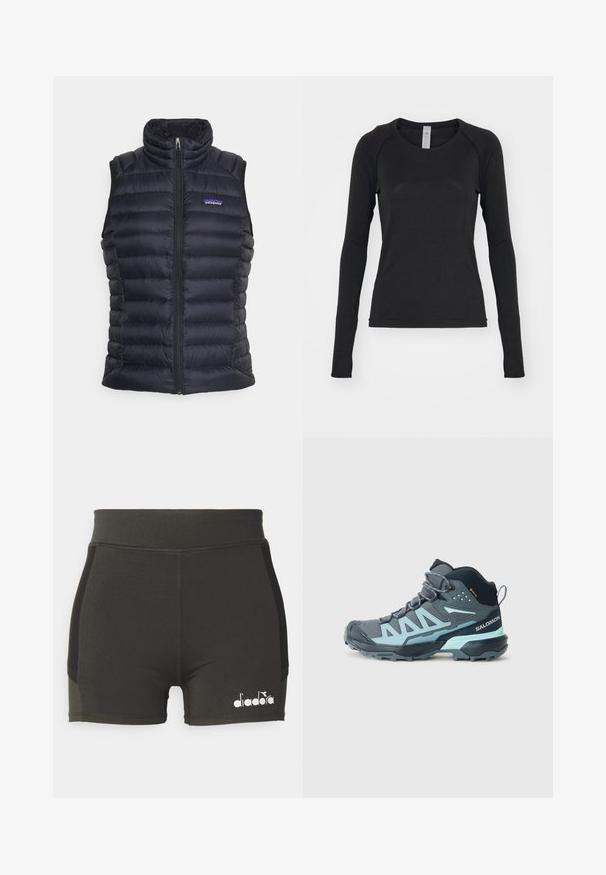Gilet puffer isolato nero con colletto alto, design trapuntato, chiusura frontale con zip e tasche laterali. Presenta un piccolo logo sul petto.; Camicia a maniche lunghe nera, realizzata in tessuto morbido. Presenta un collo rotondo e maniche raglan con aperture per il pollice nei polsini. Design minimalista.; Pantaloni sportivi neri realizzati in materiale elasticizzato, con vita alta e pannelli laterali a contrasto, dotati di un logo Diadora bianco sul davanti.; Scarpa da trekking a metà altezza di colore grigio scuro con accenti azzurri. Presenta una tomaia testurizzata, punta rinforzata e una suola robusta per garantire aderenza.