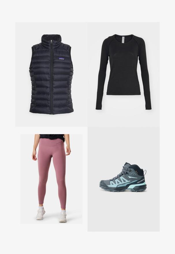 Sort isoleret puffervest med høj krave, quiltet design, frontlynlås og sidelommer. Har et lille logo på brystet.; Langærmet skjorte i sort, lavet af blødt stof. Har rund hals og raglanærmer med tommelfingerhuller ved manchetterne. Minimalistisk design.; Lyserøde træningsleggings med høj talje, glat tekstur og minimal syning. Kombineret med hvide sneakers for kontrast.; Mellemhøj hiking sko i mørkegrå med lyseblå accenter. Har en tekstureret overdækning, forstærket tå og en robust ydersål for bedre greb.