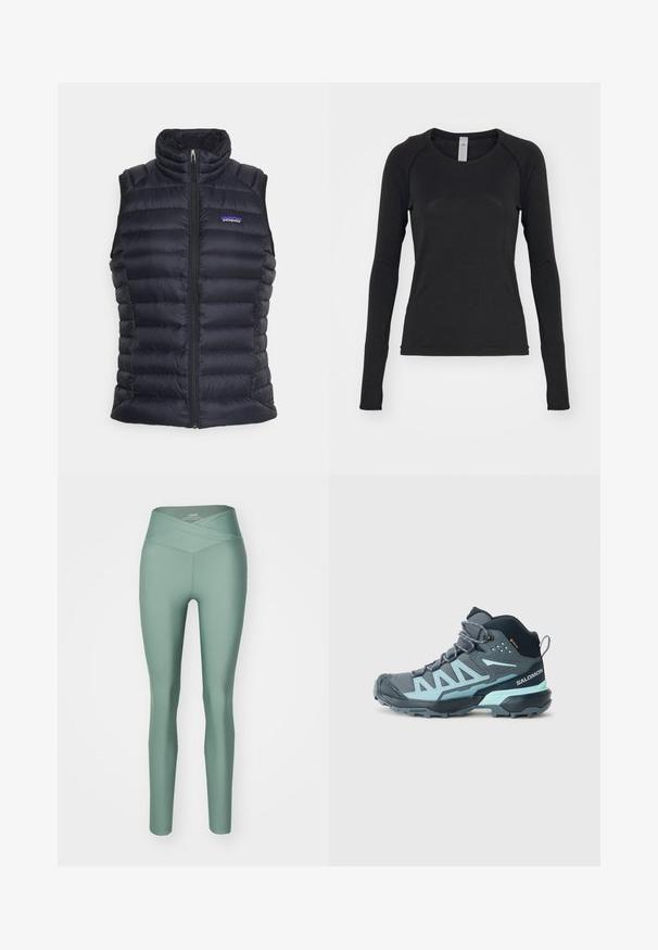 Fekete, szigetelt puffervállszíj magas gallérral, steppelt kialakítással, elöl cipzáros záródással és oldalsó zsebekkel. A mellrészen egy apró logó található.; Fekete hosszú ujjú póló, puha anyagból készült. Kerek nyakú és rakott ujjal rendelkezik, az ujjak végén hüvelykujjnak való nyílással. Minimalista dizájn.; Zöld, magas derekú leggings, keresztezett derékkal, rugalmas anyagból, sima textúrával és testhez simuló kialakítással.; Sötétszürke, világoskék részletekkel rendelkező középmagas túra cipő. Jellemzői: texturált felsőrész, megerősített orr és egy strapabíró talp a tapadás érdekében.