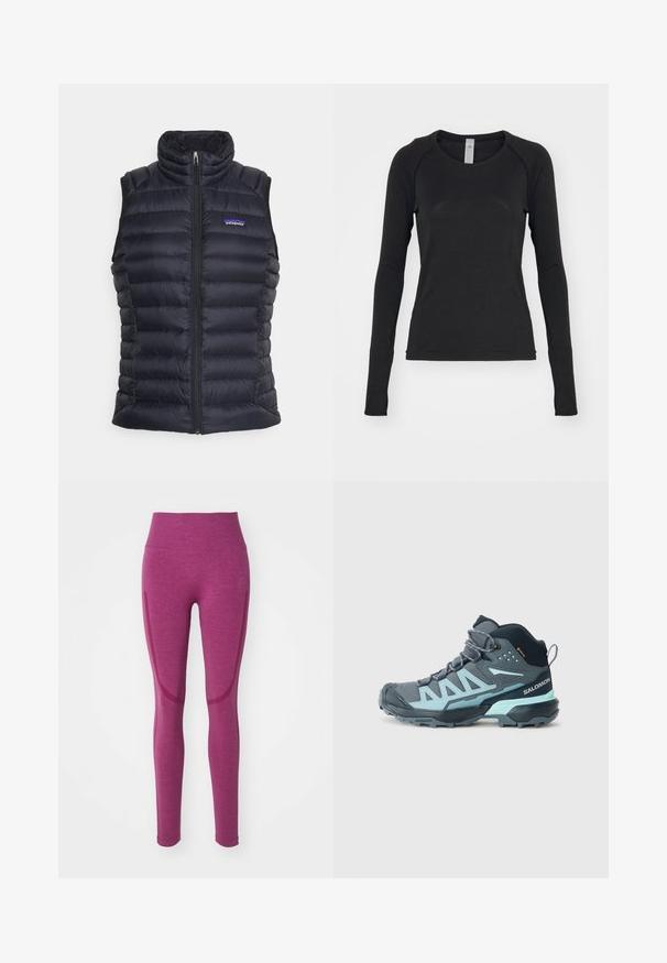 Černá zateplená puffer vesta s vysokým límcem, prošívaným designem, předním zipem a bočními kapsami. Obsahuje malé logo na hrudi.; Černá dlouhá rukávová košile vyrobená z měkké látky. Má kulatý výstřih a raglánové rukávy s otvory na palce na manžetách. Minimalistický design.; Fitted legíny v hluboké purpurové barvě, vyrobené z texturované tkaniny. Mají vysoký pas a bezšvové boční panely s kontrastními akcenty.; Středně vysoké turistické boty v tmavě šedé barvě se světle modrými akcenty. Mají texturovaný svršek, zesílenou špičku a robustní podešev pro trakci.