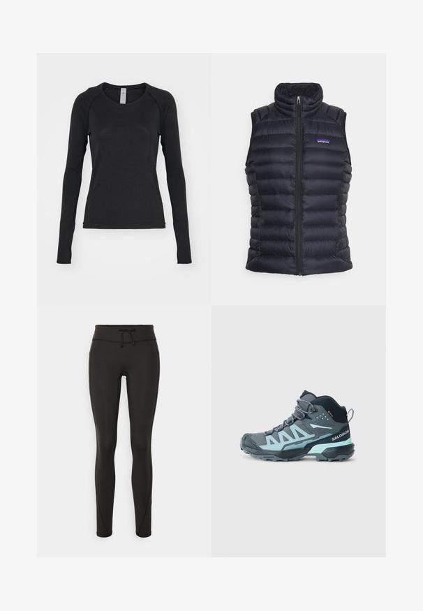 Schwarze isolierte Steppweste mit hohem Kragen, gestepptem Design, Frontreißverschluss und seitlichen Taschen. Mit kleinem Logo auf der Brust.; Langärmliges Shirt in Schwarz, aus weichem Stoff. Es hat einen Rundhalsausschnitt und Raglanärmel mit Daumenlöchern an den Bündchen. Minimalistisches Design.; Schwarze Leggings mit hohem Bund, Kordelzug, glatter Textur und tailliertem Design. Verfügt über Nähte entlang der Seiten.; Mittelhohe Wanderschuhe in Dunkelgrau mit hellblauen Akzenten. Verfügt über ein strukturiertes Obermaterial, eine verstärkte Zehenkappe und eine robuste Außensohle für besseren Halt.