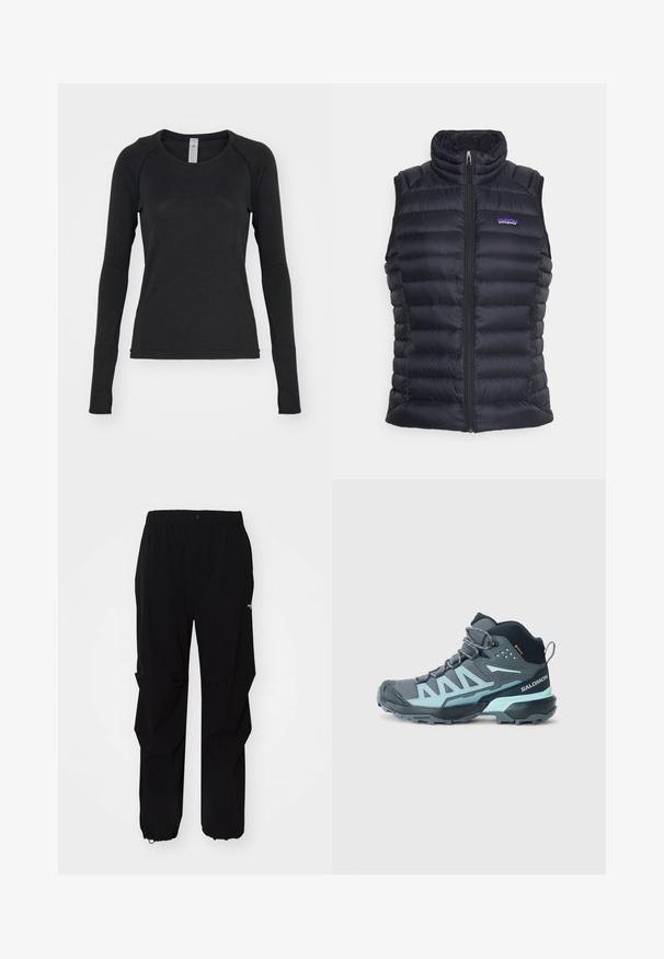 Black insulated puffer vest with a high collar, quilted design, front zip closure, and side pockets. Features a small logo on the chest.; Long-sleeve shirt in black, made of soft fabric. Features a crew neck and raglan sleeves with thumbholes at cuffs. Minimalist design.; Black outdoor pants made from durable material, featuring a relaxed fit, elastic waistband, and cinched cuffs for adjustable length.; Mid-cut hiking shoe in dark gray with light blue accents. Features a textured upper, reinforced toe, and a rugged outsole for traction.