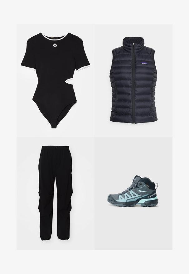 Must koolutusvest, millel on kõrge krae, tikitud disain, esine lukuga sulgemine ja küljetaskud. Rindkere peal on väike logo.; Must must vest, mille varrukatega, valge äärisega ja külje lõhiku detailiga. Kere peal on väike dekoratiivne embleem.; Mustad must outdoor püksid, valmistatud vastupidavast materjalist, millel on mugav lõige, elastne vöökoht ja reguleeritavad varrukaotsad.; Keskmise lõikega matkajalats tumesinises tooni, millel on heledate siniste aktsentidega. Omab tekstuurset ülemist osa, tugevdatud varvasta ja tugevat välistald, mis tagab haarduvuse.