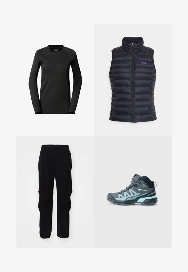 Mustavillainen eristynyt puffaliivi, jossa on korkea kaulus, tikattu rakenne, edessä vetoketju ja sivutaskut. Rinnassa pieni logo.; The North Face W SPORT L/S CREW NECK - Pitkähihainen paita - tnf black; Mustat ulkoiluhousut, jotka on valmistettu kestävästä materiaalista. Niissä on rento istuvuus, joustava vyötärö sekä kiristettävät hihnat, jotka mahdollistavat säädettävän pituuden.; Keskikorkeat vaelluskengät tummanharmaana, vaaleansinisin yksityiskohdin. Ominaisuuksiin kuuluu teksturoitu päällinen, vahvistettu varvasosa ja kestävä pohja pidon takaamiseksi.