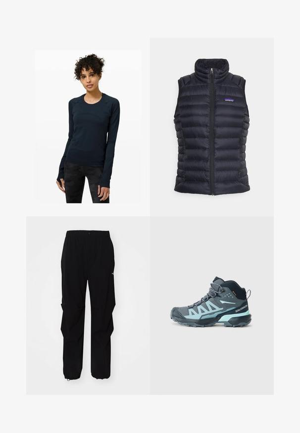 Must koolutusvest, millel on kõrge krae, tikitud disain, esine lukuga sulgemine ja küljetaskud. Rindkere peal on väike logo.; Tumedast meresinise värvi pika varrukaga sportlik topp ümmarguse kaelusega, raglan varrukatega ja sõrmusaukudega. Sile kangas ja keha lõikega disain.; Mustad must outdoor püksid, valmistatud vastupidavast materjalist, millel on mugav lõige, elastne vöökoht ja reguleeritavad varrukaotsad.; Keskmise lõikega matkajalats tumesinises tooni, millel on heledate siniste aktsentidega. Omab tekstuurset ülemist osa, tugevdatud varvasta ja tugevat välistald, mis tagab haarduvuse.