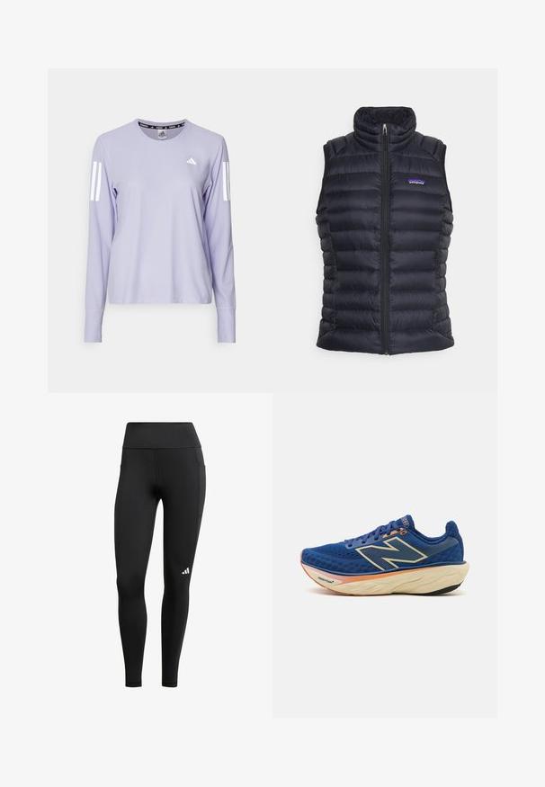 Schwarze isolierte Steppweste mit hohem Kragen, gestepptem Design, Frontreißverschluss und seitlichen Taschen. Mit kleinem Logo auf der Brust.; adidas Performance Langarmshirt - violet tone; Schwarze Sportleggings mit hohem Bund, aus dehnbarem Stoff; verfügen über eine Seitentasche und ein kleines weißes Logo nahe dem Saum.; Blauer Laufschuh mit atmungsaktivem Mesh-Obermaterial, gepolstertem Kragen und einer gepolsterten Sohle mit orangefarbenen Akzenten. "Fresh Foam"-Branding sichtbar.