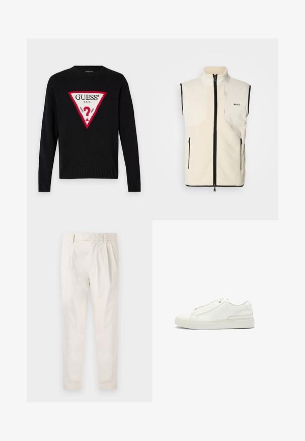 Weiße Fleece-Weste mit hohem Kragen, schwarzem Besatz, zwei seitlichen Reißverschlusstaschen und einer Tasche auf der linken Brust mit dem Markennamen "BOSS".; Schwarzer Strickpullover mit einem großen roten Dreieck und weißem Text "GUESS® U.S.A." sowie einem zentralen Fragezeichen-Motiv. Gerippte Bündchen und Saum.; Weiße, plissierte Hose mit taillierten Schnitt, die eine glatte Textur, Gürtelschlaufen und schmal zulaufende Beine aufweist. Keine sichtbaren Taschen oder Muster.; Weiße Leder-Sneaker mit strukturierter Oberseite, runder Zehenform, minimalistischem Design und Gummisohle mit gestickten Details.