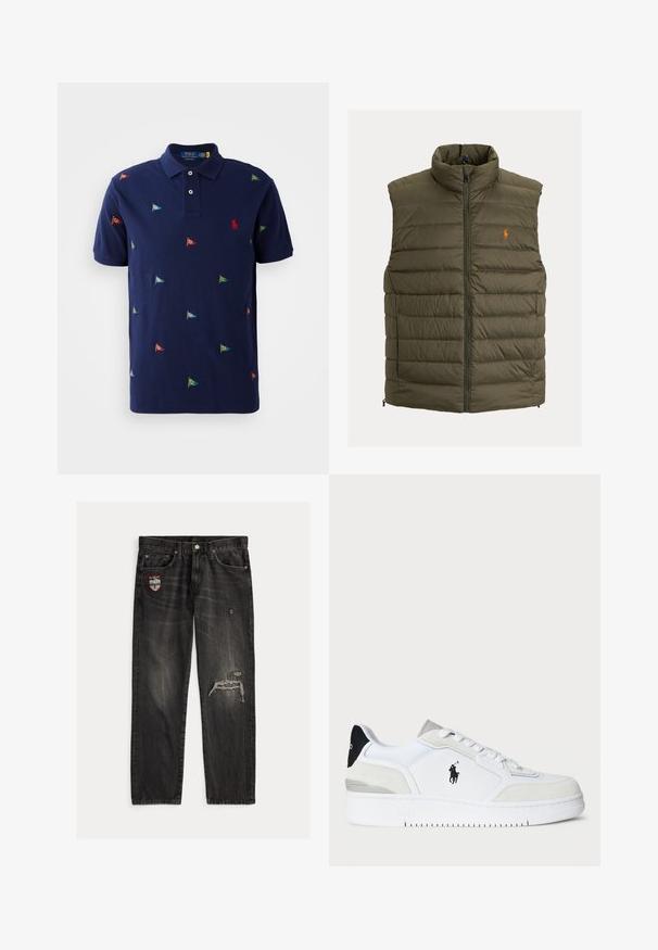 Olívazöld pufi mellény magas nyakkal, elöl cipzáras záródással, vízszintes varrással és apró logó díszítéssel a mellkasnál. Könnyű anyagból.; Zöld cipzáras kapucnis pulóver, puha anyagból, középső cipzárral, két elülső zsebbel, bordázott mandzsettákkal és piros logóval a mellrészen.; Tengerészkék pólóing, két gombos nyakú kivitelben, sokszínű hímzett zászlómotívumokkal és piros logóval a mellkasán. Pamutból készült.; Fekete farmernadrág egyenes szárú szabással, kopott részletekkel és egy folttal a bal zsebén. Látható varrásokkal és kifakult textúrával rendelkezik.; Fehér sneaker, velúr és bőr felsőrésszel, fekete sarokakcentussal, lapos cipőfűzőkkel, logóval az oldalon és texturált talppal.