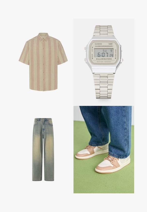 Kremasti brezrokavnik s kabelskim pletenjem in V-izrezom, pet rjavih gumbov ter rebrastim robom in odprtinami za roke. Diskreten logotip znotraj.; Kratka majica s kratkimi rokavi in gumbnim ovratnikom, ki prikazuje izmenične črtaste vzorce v bež in svetlo rdeči barvi. Vključuje žep na prsih.; Bela bombažna majica brez rokavov z okroglo izrezom, širokimi naramnicami in ravnim robom, ki se ponaša z gladko teksturo in brez vidnih vzorcev.; Svetlo modri poletni traper hlače širokega kroja z zbledelim gradientom, ki imajo pet žepov in klasičen pas z očesi za pas.; Beige in beleteni usnjeni copati z zaobljenimi prsti, perforiranim prednjim delom in bež poudarki. Nosi se z modrimi kavbojkami na zeleni površini.; Digitalna Casio ura z pravokotnim ohišjem iz srebrnega nerjavečega jekla, bež številčnico, črn zaslon, kovinskim povezovalnim naramkom in vodoodpornimi lastnostmi.