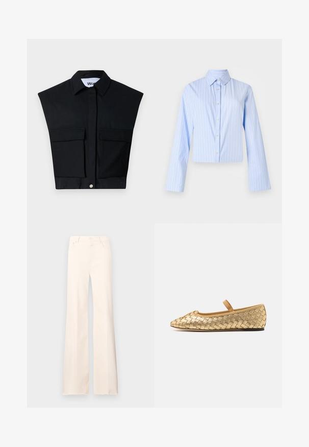 Must mustamine särk, millel on struktureeritud krae, lühikesed varrukad ja kaks esist pocketit. Valmistatud siledast kangast, millel on nupukoht.; Hele sinine lühike särk, millel on vertikaalsed valged triibud, pikad varrukad, nööbid ees ja klassikaline krae. Sile kangastekstuuri.; Laiad kreemjad teksad puuvillasegusest kangast, millel on nööp- ja tõmbluku sulgemine, ees ja taga taskud ning toores äär.; Loeffler Randall LEONIE SOFT BALLET FLAT - Pahkluurihmadega baleriinad - gold