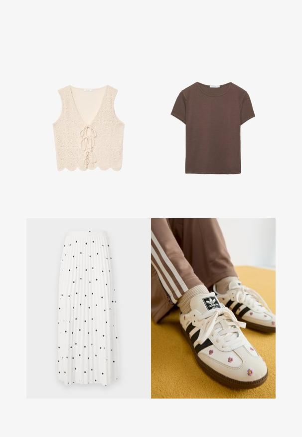Blonder vesttop i creme med V-hals, der har et hækle mønster, bølget kant og bindebånd foran.; Brun kortærmet T-shirt lavet af blødt stof, med rund halsudskæring og en afslappet pasform, lige kant og uden synlige mønstre.; Hvid plisseret maxiskirt med sorte prikkede mønstre, der har en glat talje og flydende stof for nem bevægelse.; Hvide lædersneakers med tre sorte striber og blomsterbroderi i lilla og gult. Brun gummisål. Parret med beige ribbede sokker.