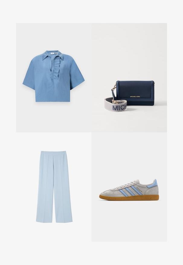 Lininis liemenės šviesiai smėlio spalvos, su v-kaklu, penkiomis rudos spalvos mygtukais ir dviem šoninėmis kišenėmis. Dėl lygios tekstūros ir pritaikyto kirpimo suteikia elegantišką išvaizdą.; Trumpu rankoviu, mėlyna marša pagaminta iš glotnaus audinio, su mygtukų apykakle ir raukšlėtu plokščiu priekiniu dizainu. Trumpas modelis.; Balta trumpomis rankovėmis marškinėliai su plačiu iškirpimu ir laisvu siluetu. Pagaminti iš švelnaus medvilninio audinio, turintys lygų paviršių ir paprastą dizainą.; Šviesiai mėlynos plačios kelnės, pagamintos iš lygios medžiagos; turi plokščią priekį su klostėmis, suteikiančiomis struktūrą, ir jokių matomų užsegimų.; Pilkas suedes sportinius batelius su šviesiai mėlynomis juostelėmis, guminėmis padais ir logotipo akcentais. Žemas ilgis, apvalus priekinis kraštas ir raištelių uždarymas.; Tamsiai mėlynos odos piniginė su auksiniu logotipu, turi nuimimą dirželį su "MICHAEL" balta spalva ant tekstūruoto fono. Kompaktiškas dizainas.