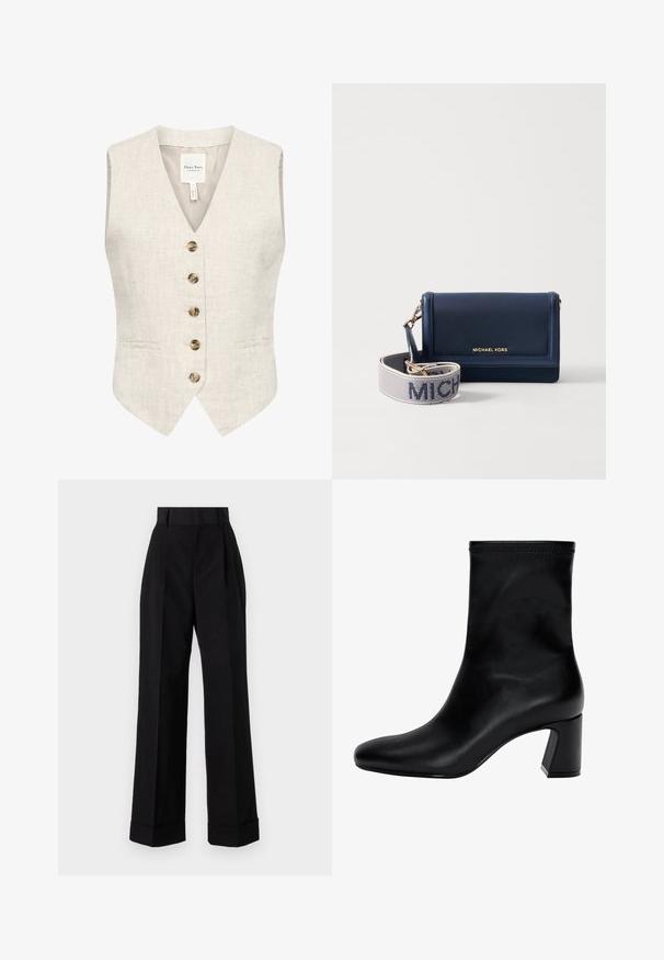 Linen prsluk u svijetloj bež boji s V-izrezom, pet smeškastih dugmadi i dva bočna džepa. Ima glatku teksturu i kroj koji ističe oblik.; Bijela majica kratkih rukava s širokim izrezom i opuštenim krojem. Izrađena od mekanog pamučnog materijala, s glatkom teksturom i jednostavnim dizajnom.; Crne hlače visokog struka napravljene od pamuka. Imaju širok kroj, nabore i prevrnute manžete. Glatka tekstura, bez vidljivih uzoraka ili dodataka.; Crne gležnjače od glatke kože. Imaju kvadratni vrh, elastični gornji dio i masivnu petu za stabilnost. Minimalistički dizajn.; Mornarska kožna novčanik s zlatnim logotipom, sadrži odvojivu traku s "MICHAEL" u bijelom tekstu na textured pozadini. Kompaktni dizajn.