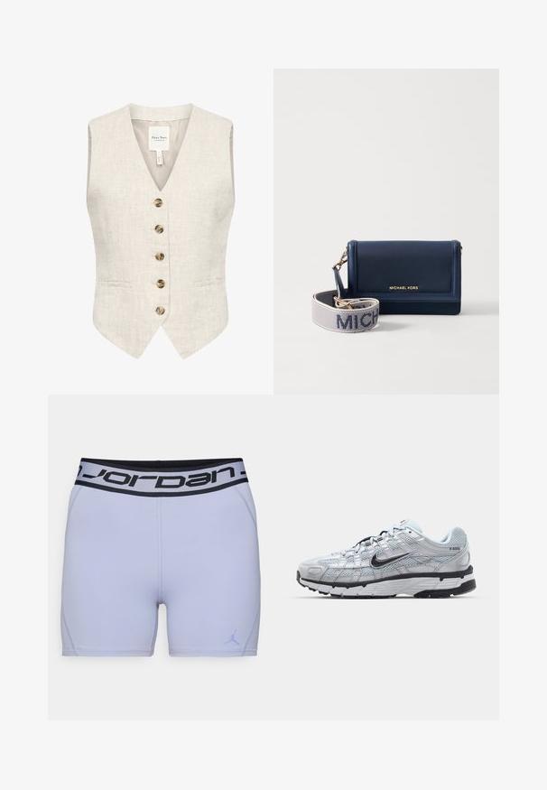 Linnen vest in lichtbeige met een v-hals, vijf bruine knopen en twee zijzakken. Beschikt over een soepele textuur en een tailored fit.; Witte t-shirt met korte mouwen, een wijde halslijn en een relaxte pasvorm. Gemaakt van zacht katoen, met een gladde textuur en een eenvoudig ontwerp.; Lichtpaarse sportshorts met een zwarte Jordan-logo tailleband. Gemaakt van een glad, rekbaar materiaal, met versterkte stiksels langs de naden.; Nike P-6000 sneakers met een lichtgrijze mesh bovenkant, zwarte accenten en een duurzame zwarte rubberen zool. Kenmerkt zich door een ingewikkeld ontwerp en vetersysteem.; Marineblauwe leren portemonnee met een gouden logo, voorzien van een afneembare strap met "MICHAEL" in witte tekst op een gestructureerde achtergrond. Compact ontwerp.