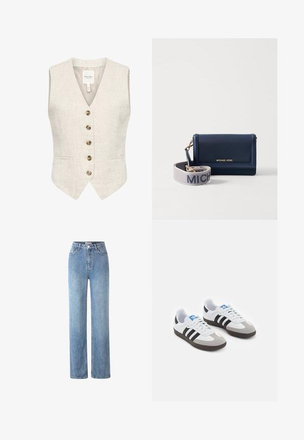 Linen prsluk u svijetloj bež boji s V-izrezom, pet smeškastih dugmadi i dva bočna džepa. Ima glatku teksturu i kroj koji ističe oblik.; Bijela majica kratkih rukava s širokim izrezom i opuštenim krojem. Izrađena od mekanog pamučnog materijala, s glatkom teksturom i jednostavnim dizajnom.; Svijetloplavi traperice visoki struk, izrađene od denima, sa ravnim nogavicama, pet džepova i metalnim kopčanjem.; Sportske cipele s gornjištem od bijele kože, sivi suedinasti nos i tri crne pruge. Imaju plavi logo na jeziku i teksturiranu gumenu podlogu.; Mornarska kožna novčanik s zlatnim logotipom, sadrži odvojivu traku s "MICHAEL" u bijelom tekstu na textured pozadini. Kompaktni dizajn.