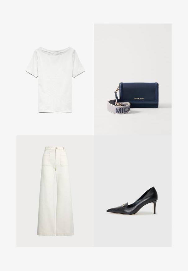 Linen veste gaišā bežā ar V veida kakla izgriezumu, piecām brūnām pogām un divām sānu kabatām. Iedvesmojoties no gludas virsmas un pielāgota piegriezuma.; Balts īsām piedurknēm T-krekls ar plašu kaklu un brīvu piegriezumu. Izgatavots no mīksta kokvilnas auduma, ar gludu tekstūru un vienkāršu dizainu.; Platās kājas džinsi off-white denima. Augsta jostasvieta ar pogu aizdari, divas priekšējās kabatas un kontrastējošas šuvju detaļas.; Melnas ādas sūkņi ar norādītu pirkstu, zemu griezumu un dekoratīvu zelta akcentu. Iezīmējas ar stiletto papēdi un gludu tekstūru.; Jūras zila ādas maku ar zelta logotipu, kuram ir noņemama siksna ar "MICHAEL" baltā tekstā uz struktūratās fona. Kompakts dizains.