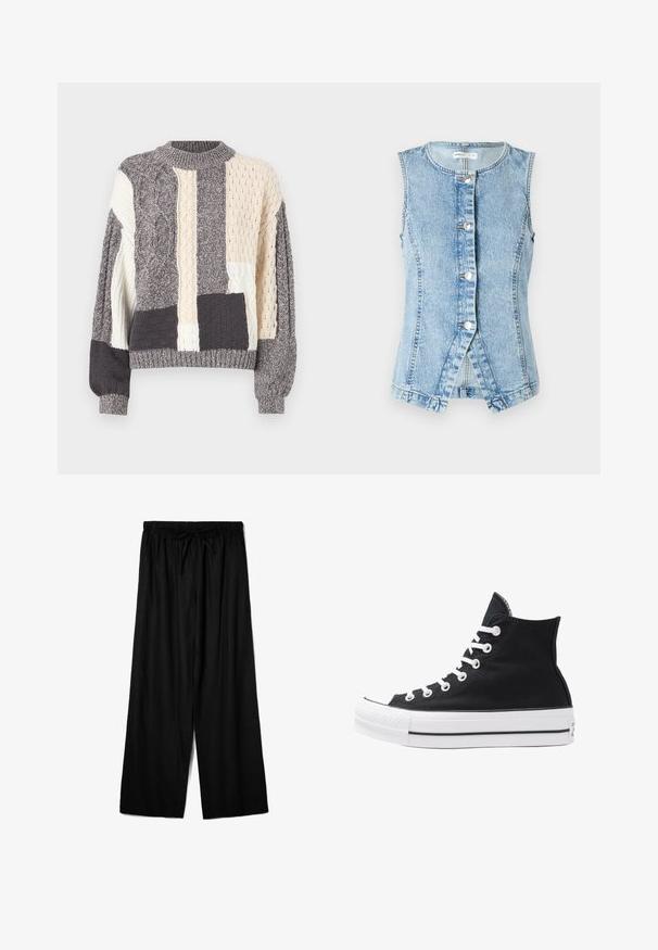 Svijetloplavi traper prsluk bez rukava, s gumbima sprijeda i prilagođenim krojem. Sadrži dvostruko šivane šavove i oblikovani rub.; Sivi i kremasti patchwork pulover s različitim teksturama pletenih uzoraka, okruglim izrezom i rebrastim rukavima i rubom.; Crne široke hlače napravljene od laganog materijala, s elastičnim pojasom i vezicom za prilagodljivo oblikovanje. Glatka tekstura.; Visoke crne platnene tenisice s bijelim rupama, vezicama i gumenim potplatom. Imaju teksturirani vrh i crno-bijele pruge kao ukrase.