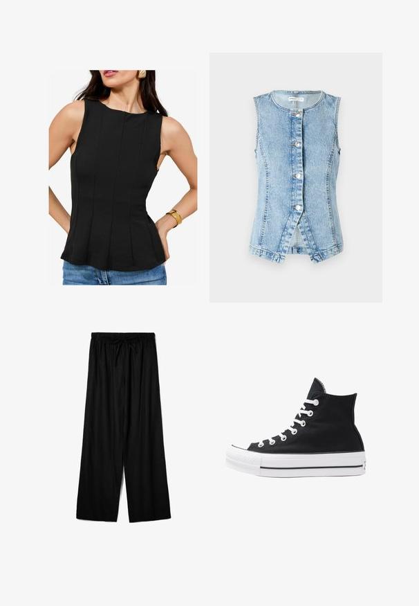 Lichtblauwe denim vest zonder mouwen, met knoopsluiting aan de voorkant en een getailleerd ontwerp. Heeft dubbel gestikte naden en een afgeronde zoom.; Zwarte mouwloze top met een ronde halslijn en verticale plooien. De stof heeft een gladde textuur. Gecombineerd met denimshorts en een gouden armband.; Zwarte wijde broekspijpen gemaakt van lichtgewicht stof, met een elastische tailleband en een trekkoord voor een verstelbare pasvorm. Soepele textuur.; Hoge zwarte canvas sneaker met witte oogjes, veters en rubberen zool. Beschikt over een gestructureerde neuskap en zwart-witte streepaccenten.