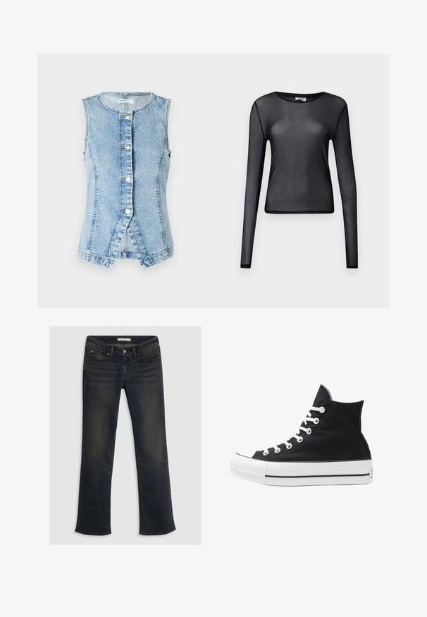 Light blue denim vest with no sleeves, button-down front, and a fitted design. Features double-stitched seams and scoop hem.; Black long-sleeve top made of sheer material, featuring a round neckline and a slim fit, with finely edged hems.; Dark blue denim jeans featuring a straight leg design, five pockets, and subtle fading details. Top button closure with belt loops.; High-top black canvas sneaker with white eyelets, laces, and rubber sole. Features a textured toe cap and black and white stripe accents.