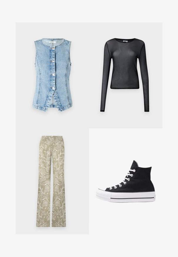 Világoskék farmer mellény, ujjatlan, gombos elöl, testhezálló fazonnal. Kétszer varrt varrásokkal és ívelt aljjal rendelkezik.; Fekete, hosszú ujjú blúz áttetsző anyagból, kerek nyakkivágással és szűk szabással, finoman szegélyezett széllel.; Világoszöld színű, fehér virágmintás, trapéz szabású nadrág. Rugalmas derékrésszel és texturált felülettel rendelkezik.; Fekete vászon magas szárú sneaker, fehér fűzőkkel és gumitalppal. Texturált orr-rész és fekete-fehér csíkos kiegészítők jellemzik.