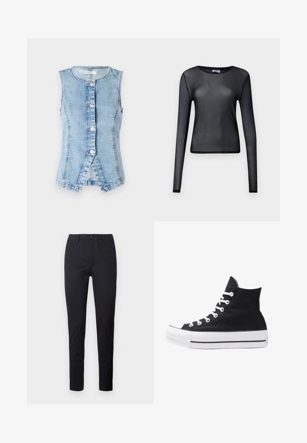 Helepetta helesinise denim vest ilma varrukateta, nööpidega esikülg ja keha mugav disain. Omab kahekordset õmblust ja ümmargust alaosa.; Must mustriivaga must pikkade varrukate topp, millel on ümar kaelus ja kitsas lõige, peenelt ääristatud servadega.; Musta püksid siledast kangast, standardse vahvli, ees olevate taskute ja kitsenevate jalgadega. Ilma nähtavate mustrite või aktsentideta.; Kõrge must kangast spordijalats valgete silmade, paelte ja kummitaldiga. Omab tekstuuriga varbakatet ja musta-valge triibuga aktsente.