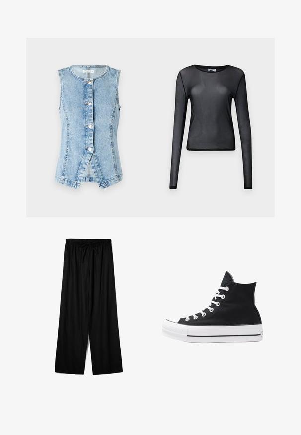 Svetlo modra denim jakna brez rokavov, z gumbi spredaj in prilagojeno zasnovo. Ima dvojno šivanje šivov in izrezan rob.; Črna dolga rokavična majica iz prosojnega materiala, z okroglim izrezom in slim fit krojem, z natančno obrobljenimi robovi.; Črne široke hlače iz lahkega blaga, z elastičnim pasom in vrvico za prilagodljivo prileganje. Gladka tekstura.; Visoke črne platnene superge z belimi režami, vezalkami in gumijastim podplatom. Ponašajo se z teksturiranim zaščitnikom za prste in črno-belimi črtami.
