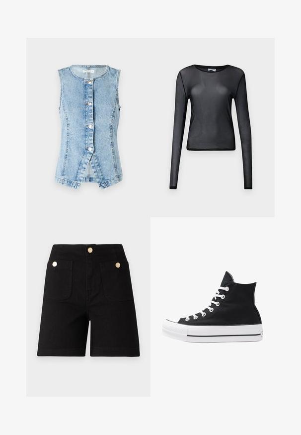 Šviesiai mėlynas džinsinis liemenė be rankovių, su sagų užsegimu priekį ir prigludusia forma. Pabrėžia dvigubai siūtas siūles ir lenktą apatinį kraštą.; Juodas ilgomis rankovėmis viršutinis drabužis, pagamintas iš permatomo audinio, su apvalia iškirpte ir siauru šonu, puikiai apdirbtomis kraštinėmis.; Juodų džinsinių šortų su aukštu liemeniu, turinčių dvi priekinės kišenes ir aukso tono metalinius mygtukus užsegimui ir dekoravimui. Glotni tekstūra.; Juodos aukštos kanvas sportbačiai su baltais akių angomis, raišteliais ir guma padais. Yra tekstūruotas pirštų gaubtas ir juodai baltos juostos akcentai.