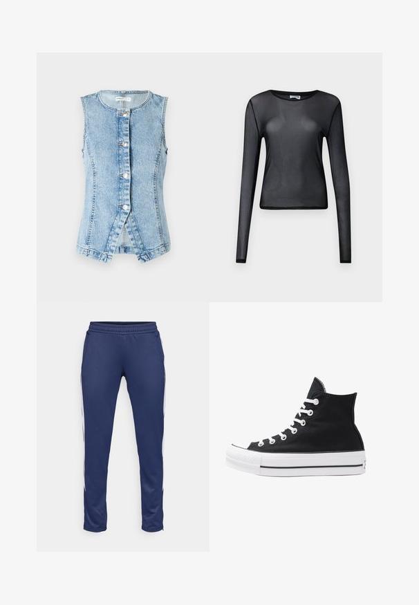 Svetlo modra denim jakna brez rokavov, z gumbi spredaj in prilagojeno zasnovo. Ima dvojno šivanje šivov in izrezan rob.; Črna dolga rokavična majica iz prosojnega materiala, z okroglim izrezom in slim fit krojem, z natančno obrobljenimi robovi.; Temno modri atletski hlače iz gladkega blaga, z ožnim dizajnom, elastičnim pasom in belimi stranskimi črtami. Vključujeta dva žepa.; Visoke črne platnene superge z belimi režami, vezalkami in gumijastim podplatom. Ponašajo se z teksturiranim zaščitnikom za prste in črno-belimi črtami.