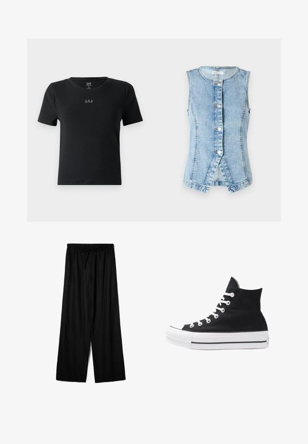 Svetlo modra denim jakna brez rokavov, z gumbi spredaj in prilagojeno zasnovo. Ima dvojno šivanje šivov in izrezan rob.; Črna kratka majica s kratkimi rokavi, izdelana iz rebraste tkanine, z okroglo ovratnikom in majhnim vezenim logotipom "GAP" na prsih.; Črne široke hlače iz lahkega blaga, z elastičnim pasom in vrvico za prilagodljivo prileganje. Gladka tekstura.; Visoke črne platnene superge z belimi režami, vezalkami in gumijastim podplatom. Ponašajo se z teksturiranim zaščitnikom za prste in črno-belimi črtami.