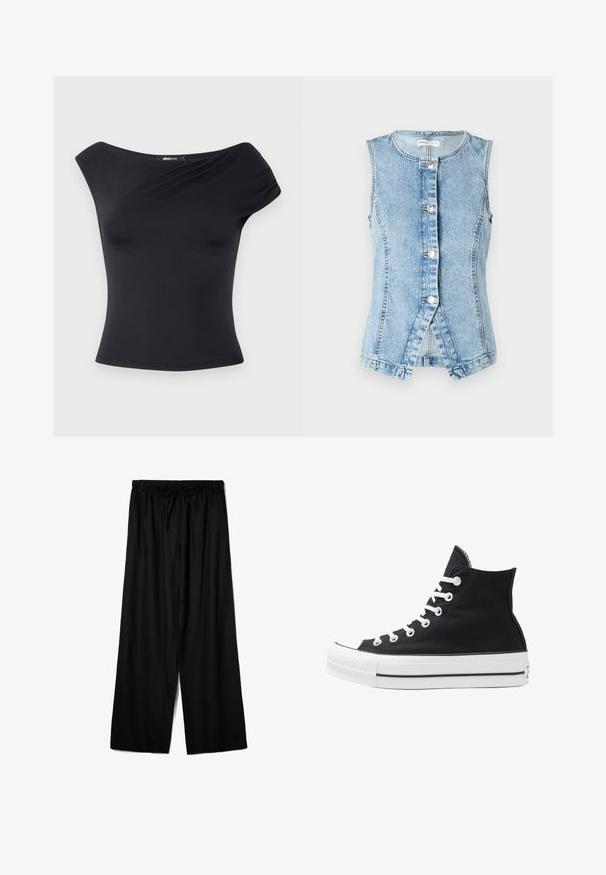 Világoskék farmer mellény, ujjatlan, gombos elöl, testhezálló fazonnal. Kétszer varrt varrásokkal és ívelt aljjal rendelkezik.; Fekete, vállfityegős top rugalmas anyagból. Illeszkedő siluettal, puha tapintással és elegáns redőzéssel a fronton.; Fekete, bő szárú nadrág könnyű anyagból, rugalmas derékkal és állítható zsinóros megoldással az optimális illeszkedés érdekében. Simára csiszolt textúra.; Fekete vászon magas szárú sneaker, fehér fűzőkkel és gumitalppal. Texturált orr-rész és fekete-fehér csíkos kiegészítők jellemzik.