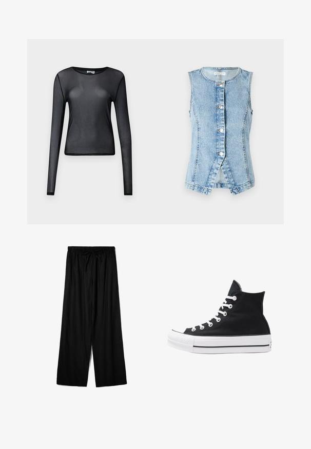 Világoskék farmer mellény, ujjatlan, gombos elöl, testhezálló fazonnal. Kétszer varrt varrásokkal és ívelt aljjal rendelkezik.; Fekete, hosszú ujjú blúz áttetsző anyagból, kerek nyakkivágással és szűk szabással, finoman szegélyezett széllel.; Fekete, bő szárú nadrág könnyű anyagból, rugalmas derékkal és állítható zsinóros megoldással az optimális illeszkedés érdekében. Simára csiszolt textúra.; Fekete vászon magas szárú sneaker, fehér fűzőkkel és gumitalppal. Texturált orr-rész és fekete-fehér csíkos kiegészítők jellemzik.