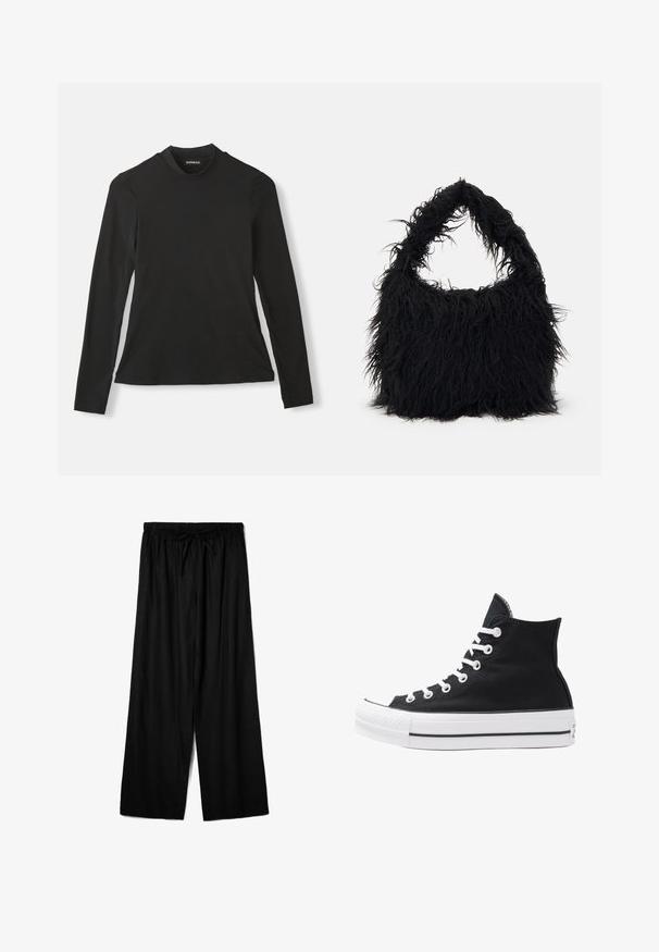 Svijetloplavi traper prsluk bez rukava, s gumbima sprijeda i prilagođenim krojem. Sadrži dvostruko šivane šavove i oblikovani rub.; Crna majica dugih rukava napravljena od mekog pamuka. Ima visok izrez i prilagođeni kroj, s glatkom teksturom i bez vidljivih uzoraka.; Crne široke hlače napravljene od laganog materijala, s elastičnim pojasom i vezicom za prilagodljivo oblikovanje. Glatka tekstura.; Visoke crne platnene tenisice s bijelim rupama, vezicama i gumenim potplatom. Imaju teksturirani vrh i crno-bijele pruge kao ukrase.; Even&Odd Velika torba - black