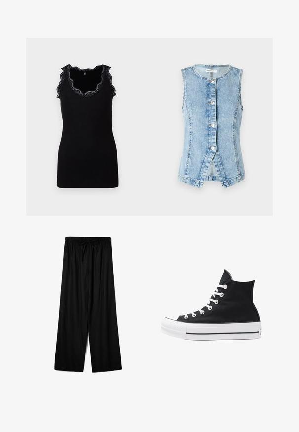 Light blue denim vest with no sleeves, button-down front, and a fitted design. Features double-stitched seams and scoop hem.; Black tank top with ribbed texture and scalloped lace trim along the neckline and armholes. Fitted design, no sleeves, simple silhouette.; Black wide-leg pants made from lightweight fabric, featuring an elastic waistband with a drawstring for adjustable fit. Smooth texture.; High-top black canvas sneaker with white eyelets, laces, and rubber sole. Features a textured toe cap and black and white stripe accents.