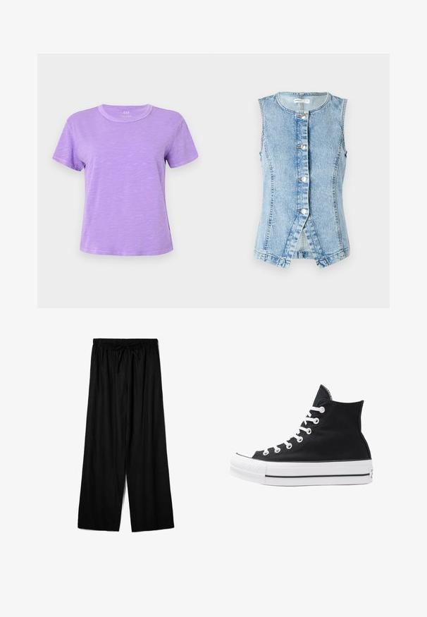 Light blue denim vest with no sleeves, button-down front, and a fitted design. Features double-stitched seams and scoop hem.; Short-sleeve t-shirt in light lavender, made of soft fabric; features a crew neckline and a relaxed fit with subtle texture.; Black wide-leg pants made from lightweight fabric, featuring an elastic waistband with a drawstring for adjustable fit. Smooth texture.; High-top black canvas sneaker with white eyelets, laces, and rubber sole. Features a textured toe cap and black and white stripe accents.