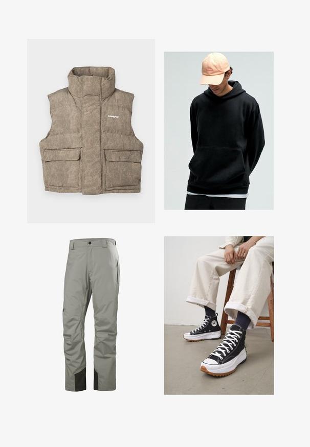 Kamizelka ocieplana w jasnobrązowym kolorze, z teksturowanym wzorem, wysokim kołnierzem oraz dwoma kieszeniami z przodu z klapkami. Logo na górnej lewej stronie.; Czarna bluza z kapturem z kieszenią kangurzą, wykonana z miękkiego materiału. W zestawie z jasnoróżową czapką baseballową z logo.; Jasnoszare wodoodporne spodnie wykonane z materiału syntetycznego o gładkiej fakturze. Mają czarne akcenty na dole oraz boczne kieszenie na zamek błyskawiczny.; Czarne sneakersy typu high-top z białymi sznurówkami i gumowym noskiem. Gruba biała podeszwa z teksturowaną brązową podeszwą zewnętrzną, noszone z pasiastymi skarpetami w kolorze granatowym.
