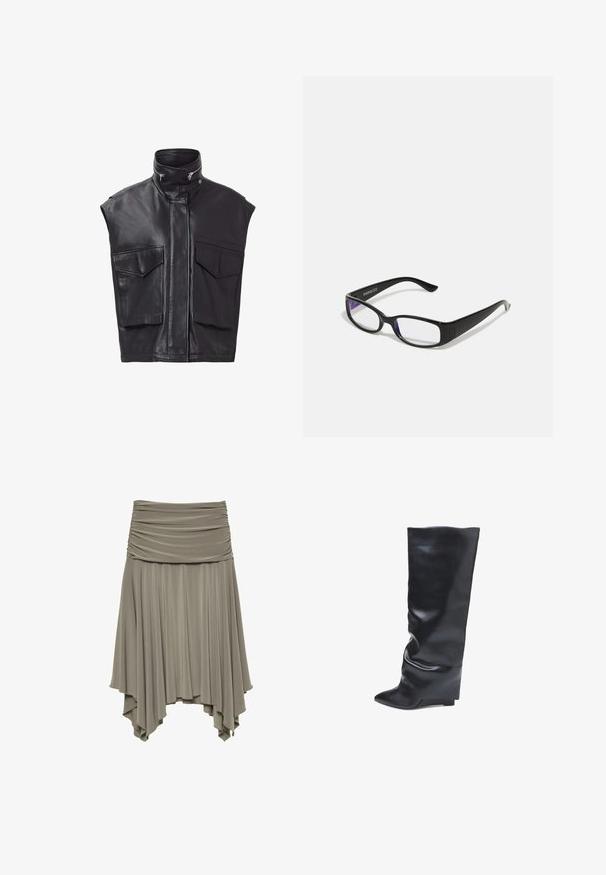 Schwarze Lederweste ohne Ärmel, mit hohem Kragen, Frontreißverschluss und zwei großen Brusttaschen. Glatte Textur mit minimalistischem Design.; Weißes Spitzen-Bodysuit mit langen Ärmeln, das ein gewebtes Muster und ein tiefes Rückendesign aufweist, das bis zur hohen Beinausschnitt formt.; Raffinierten, asymmetrischen Rock aus weichem grauen Stoff. Hat einen gerafften Bund und einen fließenden, drapierten Saum mit einer einzigartigen Silhouette.; Bata Keilstiefel - nero; Schwarze rechteckige Brille mit klaren Gläsern. Glänzende Oberfläche, schmale Bügel und lila Tönung an den Rändern der Gläser sichtbar.