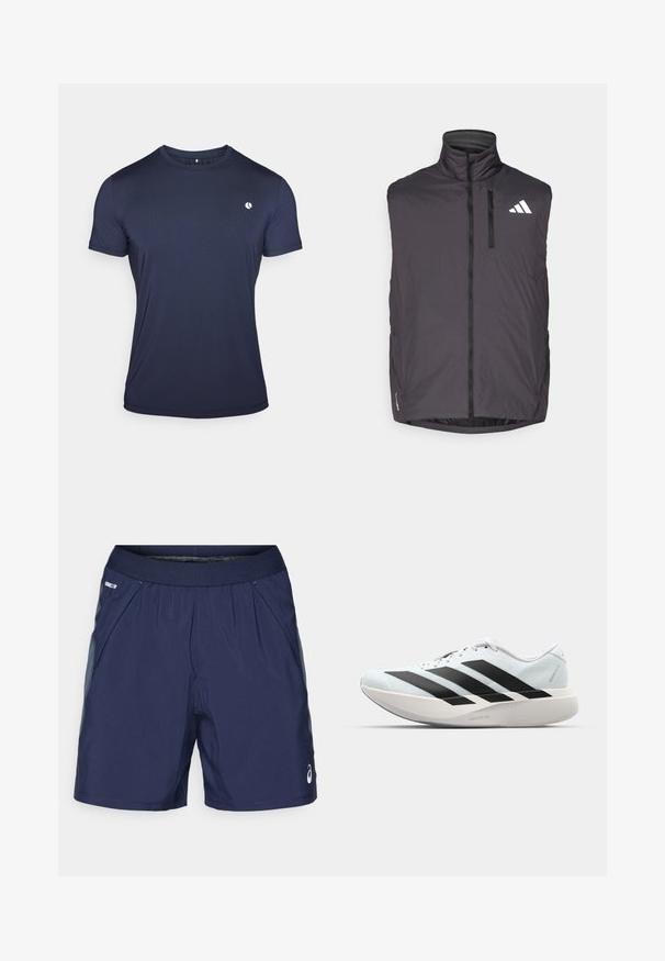 Pilkas be rankovių liemenė su aukšta apykakle, priekiniais užtrauktukais ir kairiuoju krūtinės kišeniu. Yra baltas logotipas ir lengva medžiaga.; Björn Borg ACE - Marškinėliai su spaudiniu - night sky; Tamsiai mėlyni sportiniai šortai su elastingu juosmeniu, šoniniais kišenėmis ir šviesiai pilkais akcentais. Pagaminti iš lengvos, glotnios medžiagos, užtikrinančios komfortą.; Lengvi bėgimo batai šviesiai mėlynos spalvos su juodomis juostelėmis. Yra lygus viršus, apvalus pirštas ir storas baltas vidpadis su užrašu "LIGHTSTRIKE PRO."