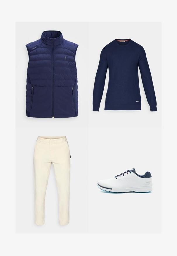 Námornícky modrá prešívaná bezrukávová vesta s vyvýšeným golierom, predným zipsom, zipsovými bočnými vreckami a vyšitým logom na hrudi.; Námornícky modrý sveter s okrúhlym výstrihom vyrobený z pleteného materiálu, s dlhými rukávmi a malým logom na dolnej pravej strane predného dielu.; Bežové nohavice vyrobené z hladkej látky, s rovnomerným strihom, dvoma bočnými vreckami a diskrétnou logom na boku.; Biele atletické topánky s hladkým syntetickým vrchom, modrými akcentmi, texturovaným námorníckym opätkom a ľahkou, hrotovanou podrážkou pre trakciu.