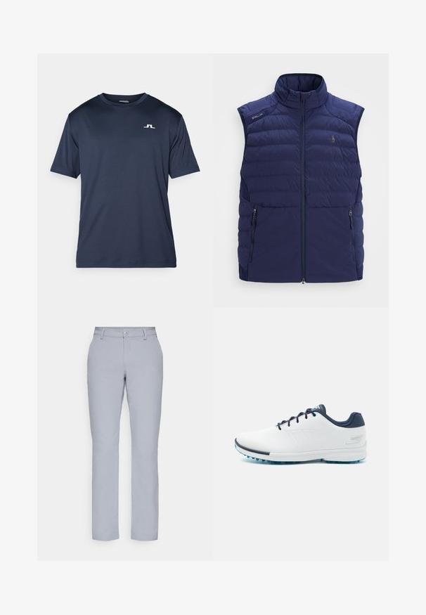 Námořnická modrá prošívaná bezrukávová vesta s výstřihem, předním zipem, bočními kapsami na zip a vyšitým logem na hrudi.; Námorně modré tričko s krátkým rukávem vyrobené z hladké, lehké tkaniny. Obsahuje bílé logo na hrudi a kulatý výstřih.; Světle šedé kalhoty s rovným střihem, zapínáním na knoflík, předními kapsami a hladkým, texturovaným materiálem. Minimalistický design, bez vzorů.; Bílé sportovní boty s hladkým syntetickým svrškem, modrými akcenty, texturovanou tmavě modrou patou a lehkou, hřebenovou podešví pro lepší přilnavost.