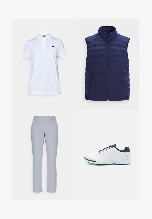 Marineblå quilted ärmlös väst med ståkrage, framdragkedja, dragkedjefickor på sidorna och broderad logotyp på bröstet.; J.LINDEBERG Sports PEAT - Poloskjorter - white; Lys grå bukser med rett snitt, knappelukking, frontlommer og et glatt, strukturert stoff. Minimalistisk design, uten mønstre.; Hvite idrettssko med en glatt syntetisk overdel, blå detaljer, teksturert marineblå hæl og en lett, pigget såle for bedre grep.