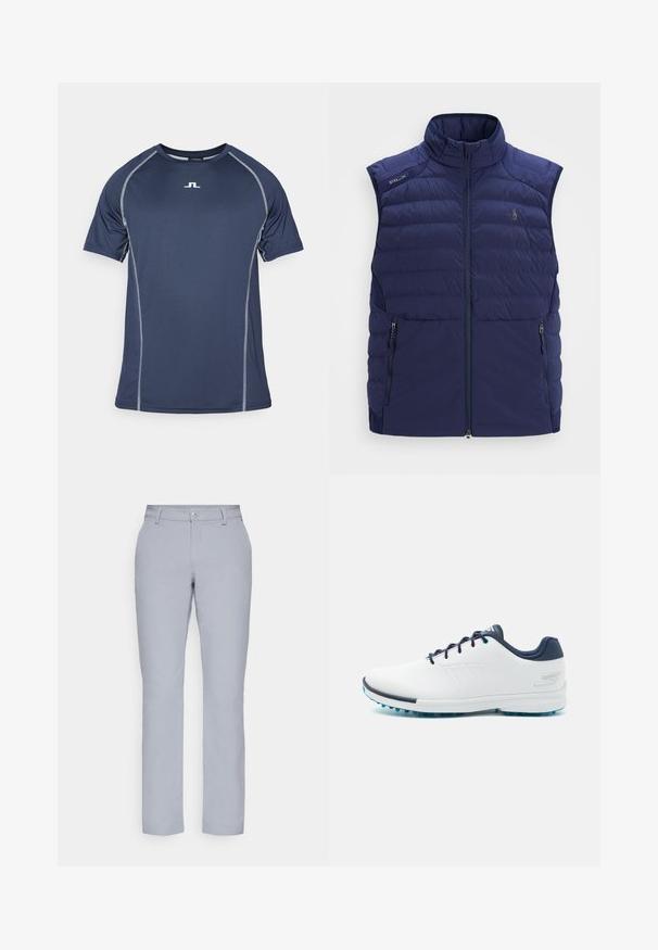 Tumesinine tikandiga vooderdatud ilma varrukateta vest, millel on püsti krae, esine lukuga, külgedel lukuga taskud ja rinnaesisel tikitud logo.; Tumesinine spordisärk lühikeste käistega, kontrastsete hallide nõelte õmblustega ja väikese logoga rinnal. Valmistatud niiskust imavast materjalist.; Heledad hallgrayd püksid, sirge lõikega, nööbiga sulgemine, esiosakud ja sile, tekstuuriga kangas. Minimalistlik disain, ilma mustriteta.; Valged spordijalanõud sileda sünteetilise ülemise osaga, siniste aksentidega, tekstureeritud tumesinise kontsaga ja kergest, narmastega tallaga hea haarduvuse tagamiseks.