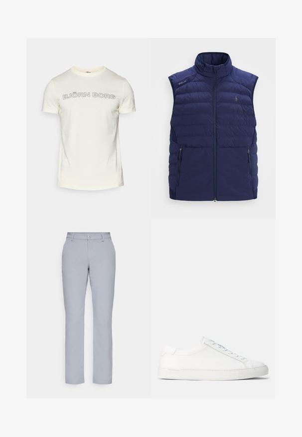 Mornarsko modra podložena brezrokavnika z dvignjenim ovratnikom, sprednjim zadrgo, stranskima žepoma z zadrgo in vezenim logotipom na prsih.; Kremna bombažna majica s kratkimi rokavi, ki na prsih vsebuje boldirano črno besedilo "BJÖRN BORG" v zaobljeni pisavi.; Svetlo sivi hlače ravnega kroja, s zapiranjem na gumb, sprednjimi žepi in gladkim, strukturiranim materialom. Minimalističen dizajn, brez vzorcev.; Bele usnjene superge z gladko teksturo, zaobljeno obliko, ravnim gumijastim podplatom in belimi vezalkami. Imajo minimalističen dizajn in subtilno blagovno znamko.