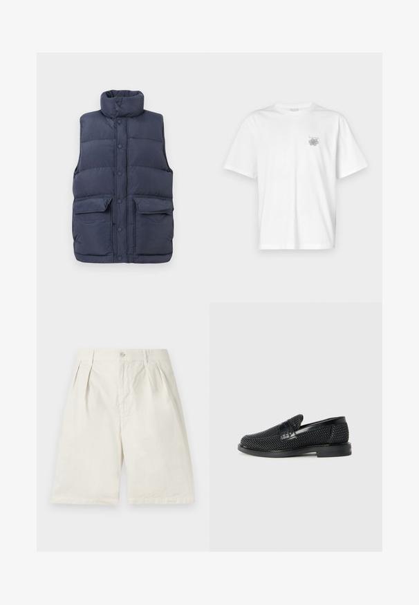 Tengeri kék steppelt mellény magas gallérral, elöl snap gombokkal és két nagy elülső zsebbel. Könnyű, steppelt anyagból készült.; Fehér pamut póló rövid ujjakkal, kerek nyakkal, és egy kis szürke logóval a bal mellrészen. Sima tapintású.; Beige színű pamut rövidnadrág, elöl redőkkel, oldalzsebekkel és gombos záródással. Az anyag sima tapintású és igényes fazonú.; Fekete szőtt slip-on cipő sima bőr díszítéssel a felsőrészen, kerek orral és alacsony profilos gumitalppal.