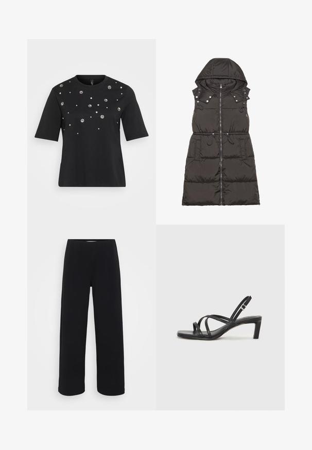 Sort polstret ærmeløs vest med hætte, lynlås foran, trykknapper, justerbar snor i taljen og sidelommer. Glat tekstur.; Sort kortærmet t-shirt lavet af bomuld, med cirkulære sølvdekorationer arrangeret i et spredt mønster på forsiden.; Sorte vide bukser med elastisk talje. Fremstillet af et tekstureret materiale, der har en løs pasform og lige snit fra hofterne til kanten.; Sort remsandale med firkantet tå og en lav blokeret hæl. Har flere tynde stropper og en justerbar ankelrem. Fremstillet af glat læder.