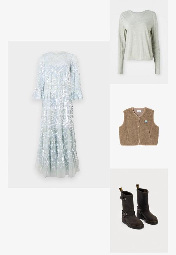 Bruine fleece vest met een zachte textuur, ronde halslijn, sluiting met drukknoop aan de voorkant en zijzakken; heeft een kleine logo patch.; Lange, lichtblauwe jurk met intricat bloemenborduursel en pailletten, met volants mouwen en een gelaagd rok ontwerp.; Lichtgrijs shirt met lange mouwen, gemaakt van zachte stof, met een ronde halslijn en een relaxte pasvorm. Naaddetails langs de zijkanten.; Donkerbruin leren laarzen met een ontwerp tot halverwege de kuit, gele stiksels, verstelbare gespbanden en trekflappen aan de bovenkant. Gestructureerde afwerking.