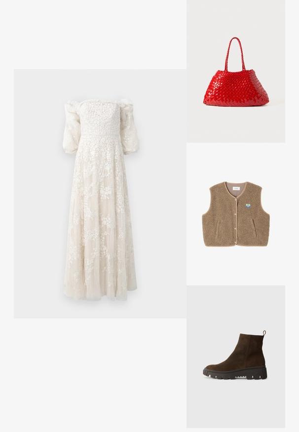 Brauner Fleece-Weste mit weicher Textur, runder Ausschnitt, vorderer Druckverschluss und Seitentaschen; verfügt über ein kleines Logo-Patch.; Cremfarbenes, schulterfreies langes Kleid mit strukturiertem Blumenstickerei, Puffärmel und einem fließenden Rock, der bis zum Boden reicht.; Braune Wildleder-Ankle-Boots mit einer stabilen schwarzen Gummisohle, leichtem Absatz und einer Schlaufe auf der Rückseite für einfaches Anziehen.; Rote gewebte Handtasche mit glänzender Oberfläche, ausgestattet mit geflochtenen Griffen. Auffällige dreieckige Form und strukturierte Oberfläche mit dichtem Muster.