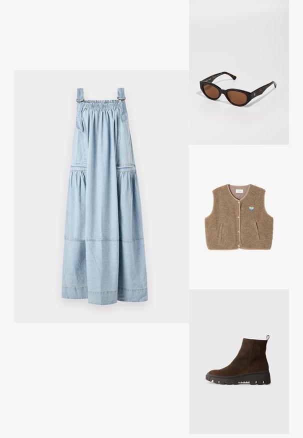 Brązowa kamizelka z polaru o miękkiej fakturze, z okrągłym dekoltem, z przodu na zatrzaski oraz z bocznymi kieszeniami; zawiera małą naszywkę z logo.; Jasnoniebieska sukienka dżinsowa z marszczonym topem, regulowanymi ramiączkami i warstwową spódnicą. Miękka faktura, obszerna konstrukcja i subtelne detale w szyciu.; Brązowy zamszowy botek za kostkę z masywną czarną gumową podeszwą, posiadający lekki obcas i pętelkę z tyłu ułatwiającą zakładanie.; Czarne okulary przeciwsłoneczne w tortoishell z brązowymi soczewkami, kanciasty design i szerokie oprawki z subtelnym logo. Gładka tekstura plastiku.; Zielona zamszowa torba typu tote o miękkiej fakturze, luźnym fasonie i przeszywanych szwach. Posiada jeden uchwyt oraz otwartą główną komorę.