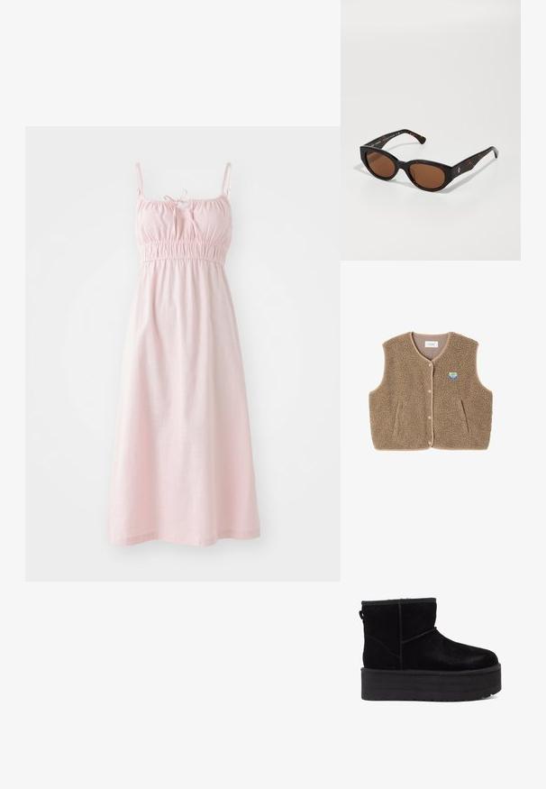 Hnedý fleecový vest s mäkkou štruktúrou, okrúhlym výstrihom, predným zapínaním na cvoky a bočnými vreckami; obsahuje malé logom.; Svetloružové šaty bez rukávov s elastickým pásom, detailom viazania na výstrihu a voľným, splývavým dizajnom. Vyrobené z mäkkej, textúrovanej tkaniny.; Čierne semišové členkové topánky s hrubou platformou a mäkkou podšívkou. Doplnené o prešívacie detaily a zadný úchyt pre jednoduché obúvanie.; Čierne korytnačkovité slnečné okuliare s hnedými sklami, s ostrým dizajnom a širokými ramenami, obsahujúcimi jemný detail loga. Hladký plastový povrch.; Zelená semišová taška s mäkkou textúrou, uvoľneným dizajnom a prešitými švami. Zahrnuje jeden popruh a otvorenú hlavnú priehradku.